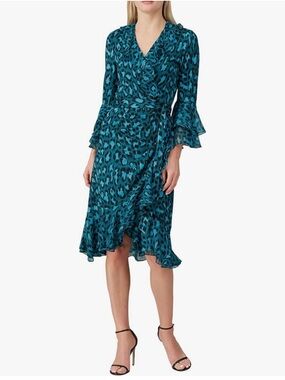 Diane von Furstenburg 100% Silk Wrap Dress Teal Leopard Print Ruffle Sleeve DVF